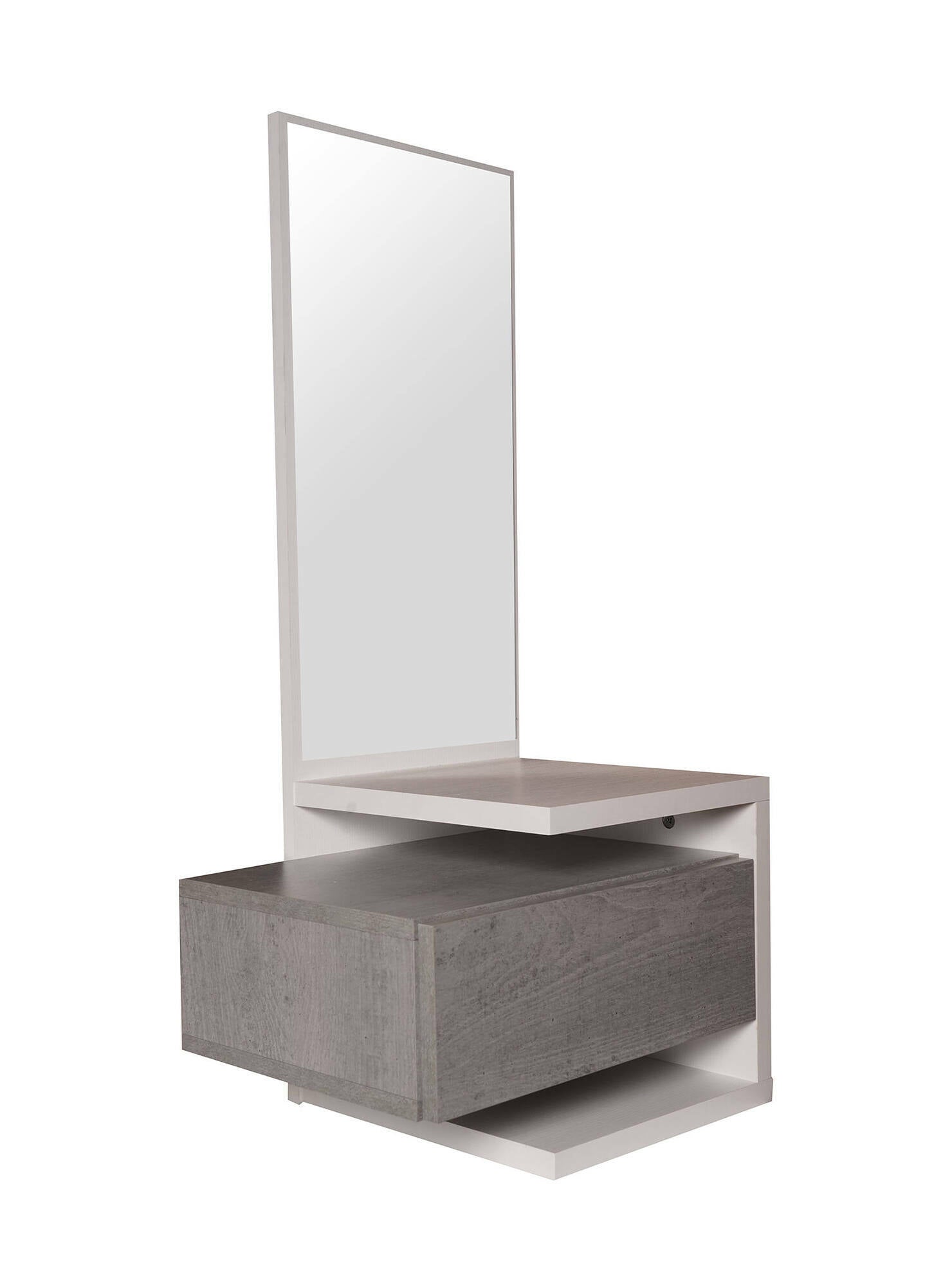 Mobile da ingresso 0, Entratina moderna con specchiera, Mobile con cassetto e ripiano, Mobile svuotatasche, Cm 43x32h90 Cm, Cemento e Bianco