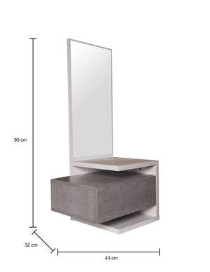 Mobile da ingresso 0, Entratina moderna con specchiera, Mobile con cassetto e ripiano, Mobile svuotatasche, Cm 43x32h90 Cm, Cemento e Bianco