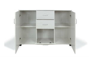 Credenza Apocalypse, Buffet moderno a 3 ante e 2 cassetti, Madia lineare con ripiani, Made in Italy, Cm 120x40h83, Rovere sbiancato