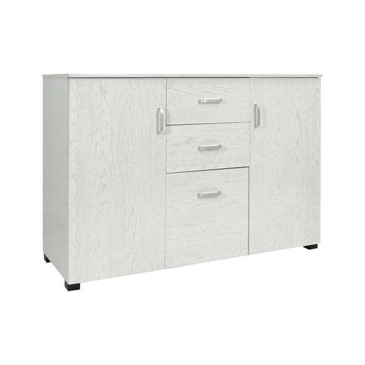 Credenza Apocalypse, Buffet moderno a 3 ante e 2 cassetti, Madia lineare con ripiani, Made in Italy, Cm 120x40h83, Rovere sbiancato