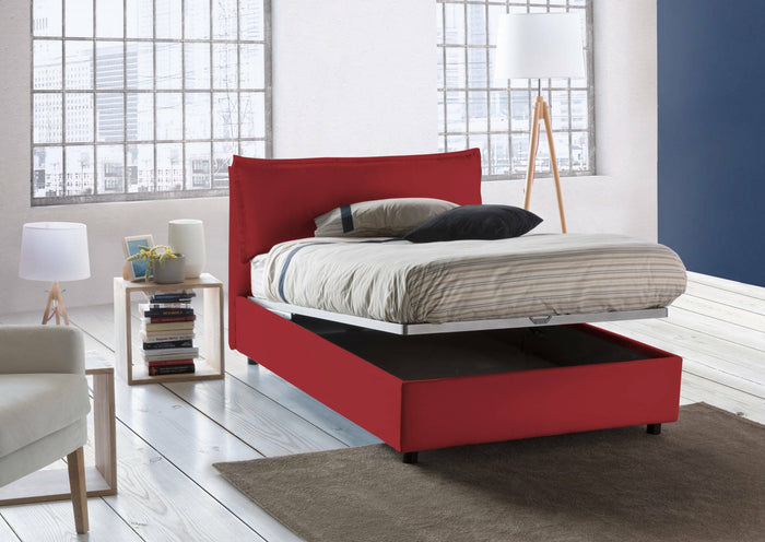 Letto piazza e mezza Asso, Letto contenitore con rivestimento in tessuto, Made in Italy, Apertura frontale, adatto per materasso cm 120x190, Rosso