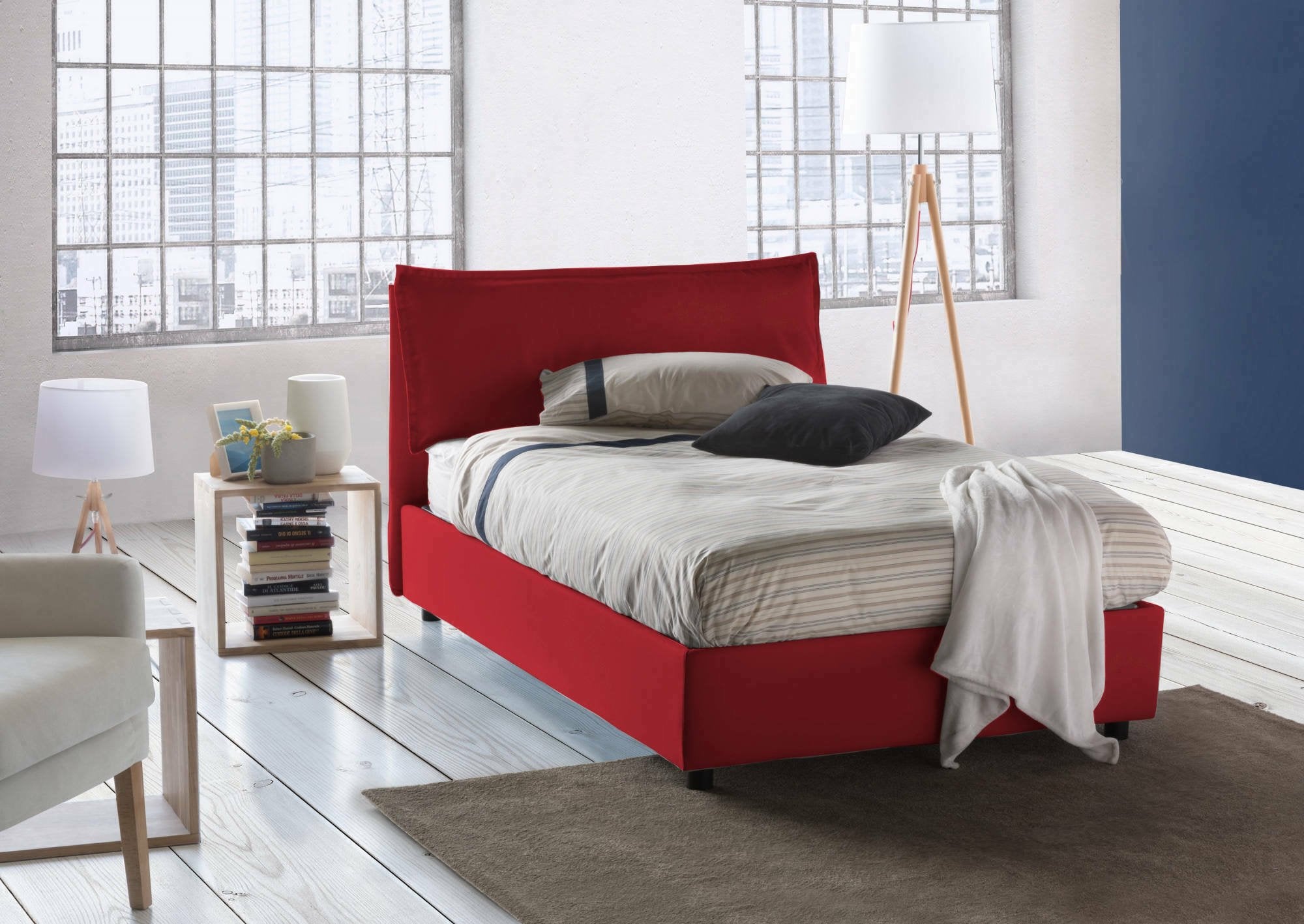 Letto piazza e mezza Arnaldo, Letto contenitore con rivestimento in tessuto, Made in Italy, Apertura frontale, adatto per materasso cm 120x200, Rosso