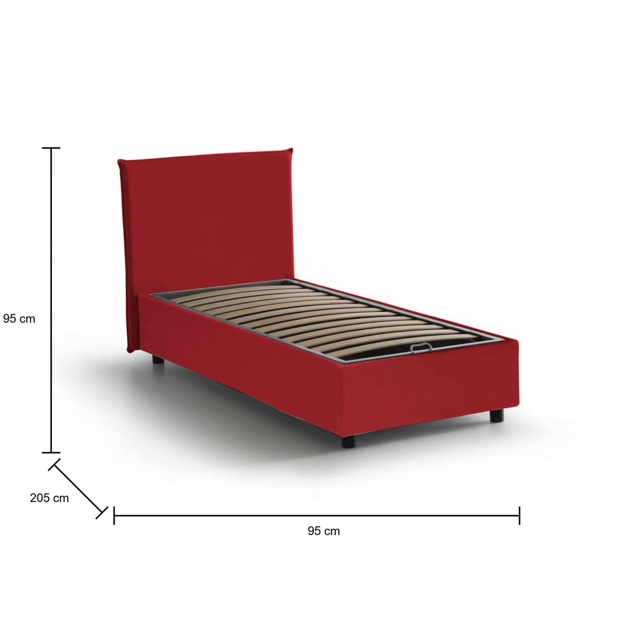 Letto singolo Argentino, Letto contenitore con rivestimento in tessuto, Made in Italy, Apertura frontale, adatto per materasso cm 80x190, Rosso