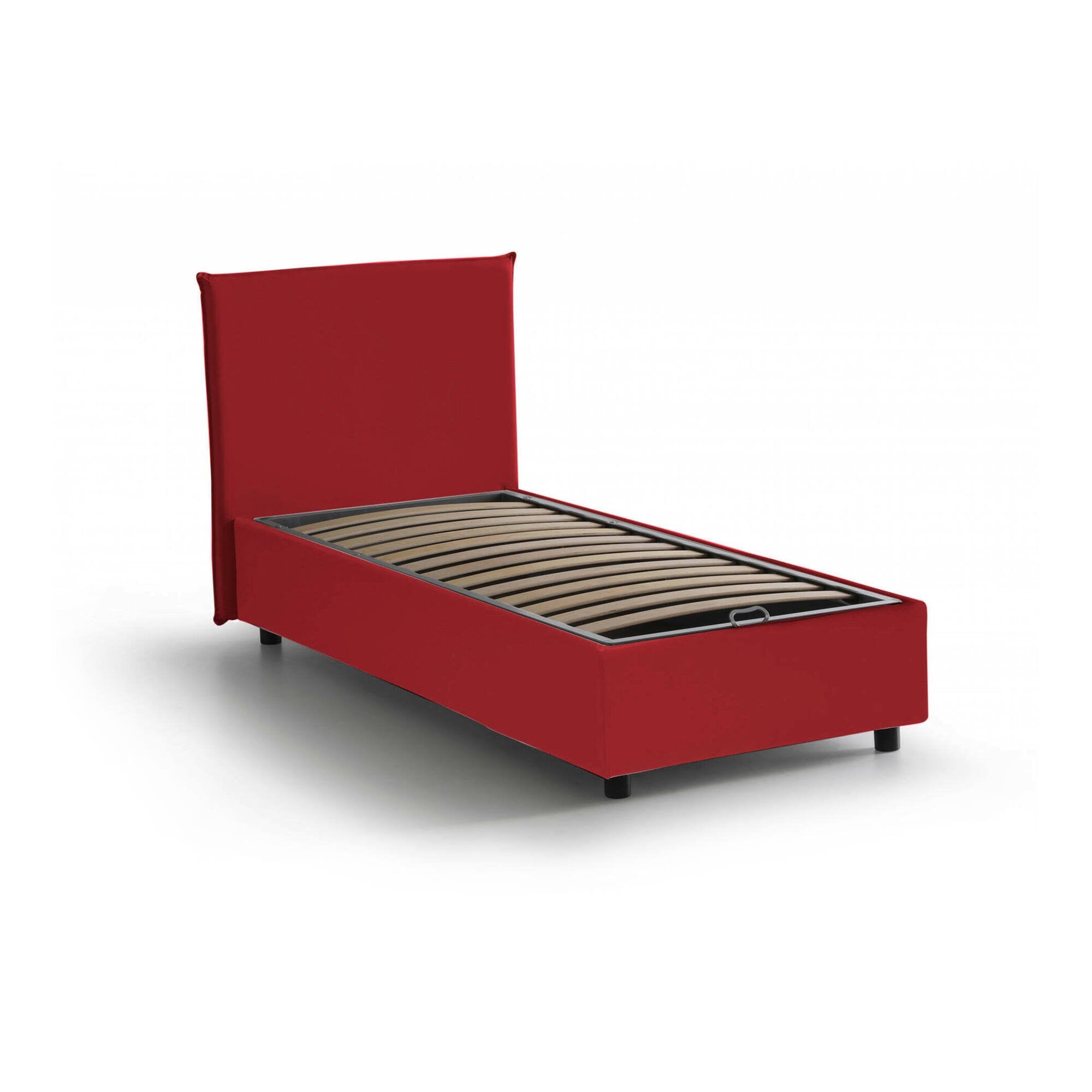 Letto singolo Argentino, Letto contenitore con rivestimento in tessuto, Made in Italy, Apertura frontale, adatto per materasso cm 80x190, Rosso