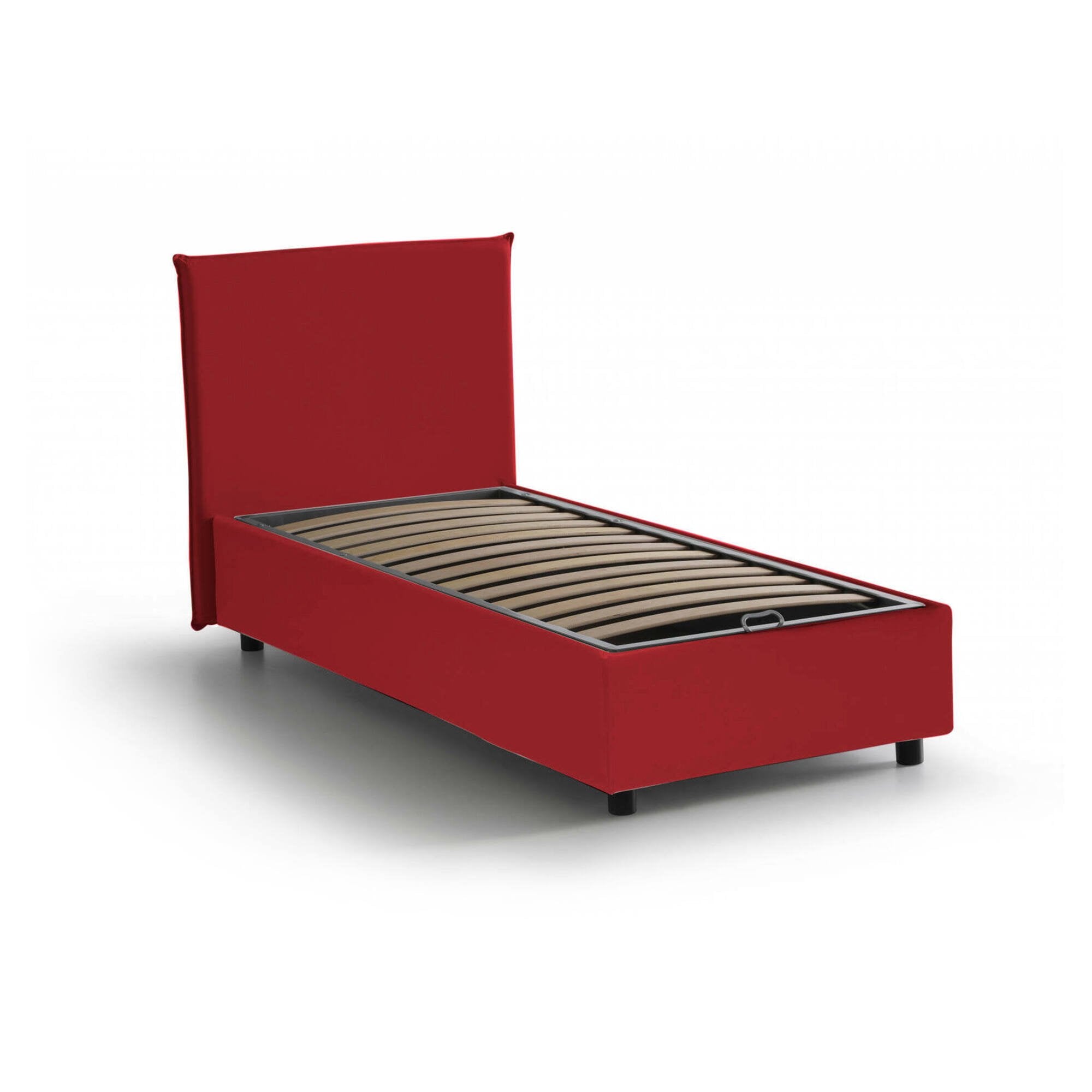 Letto singolo Acuila, Letto contenitore con rivestimento in tessuto, Made in Italy, Apertura laterale, adatto per materasso cm 80x190, Rosso