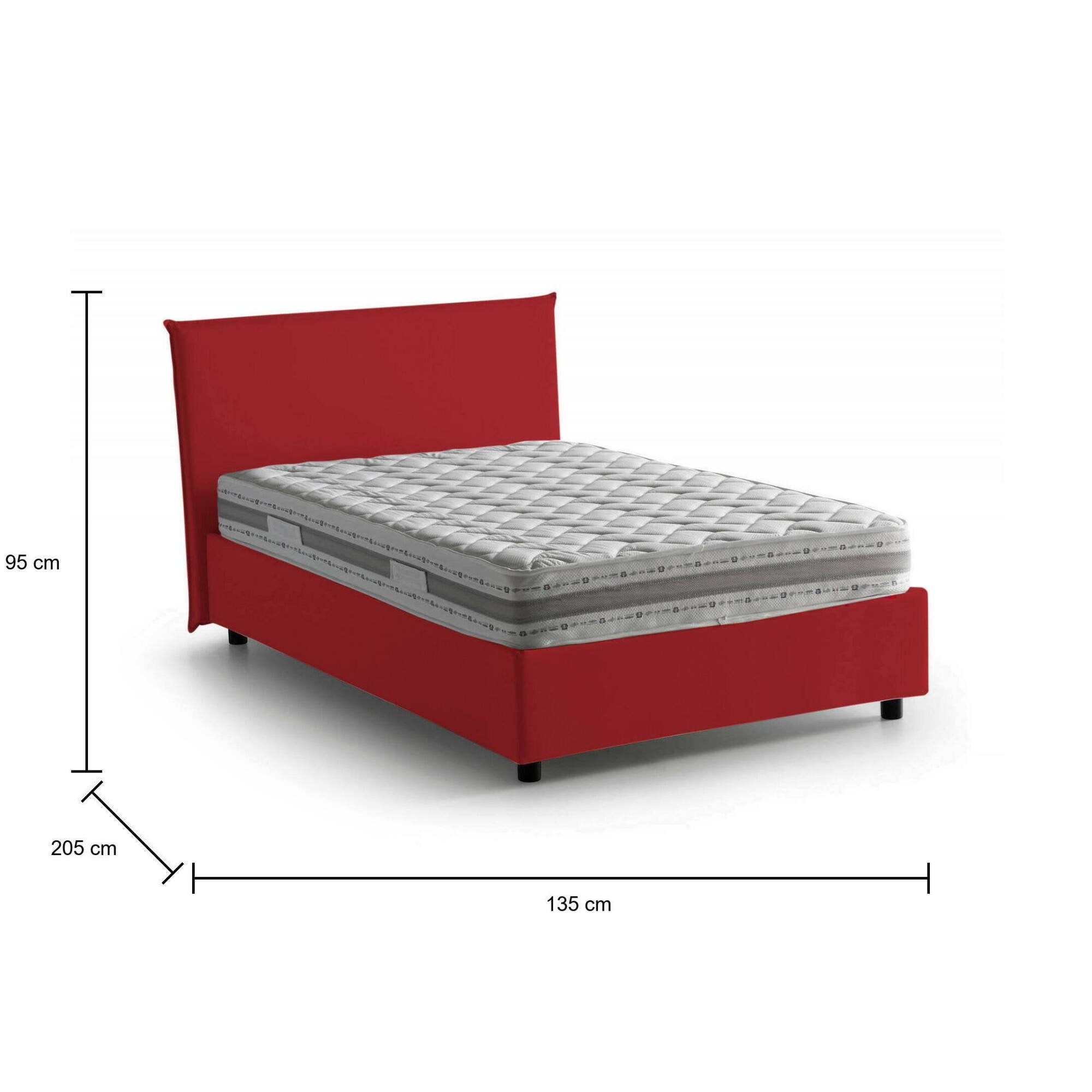 Letto piazza e mezza Anyta, Letto contenitore con rivestimento in tessuto, Made in Italy, Apertura frontale, adatto per materasso cm 120x190, Rosso