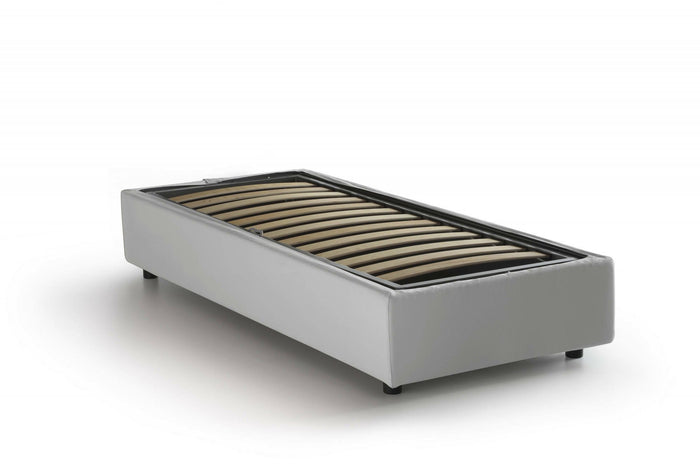 Letto singolo Abruzzo, Letto contenitore con rivestimento in ecopelle, Made in Italy, Apertura frontale, con materasso cm 80x200 incluso, Bianco