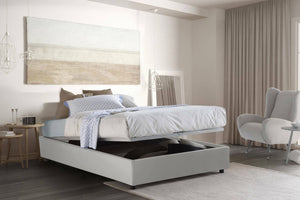 Letto piazza e mezza Americas, Letto contenitore con rivestimento in ecopelle, Made in Italy, Apertura frontale, adatto per materasso cm 120x200, Bianco
