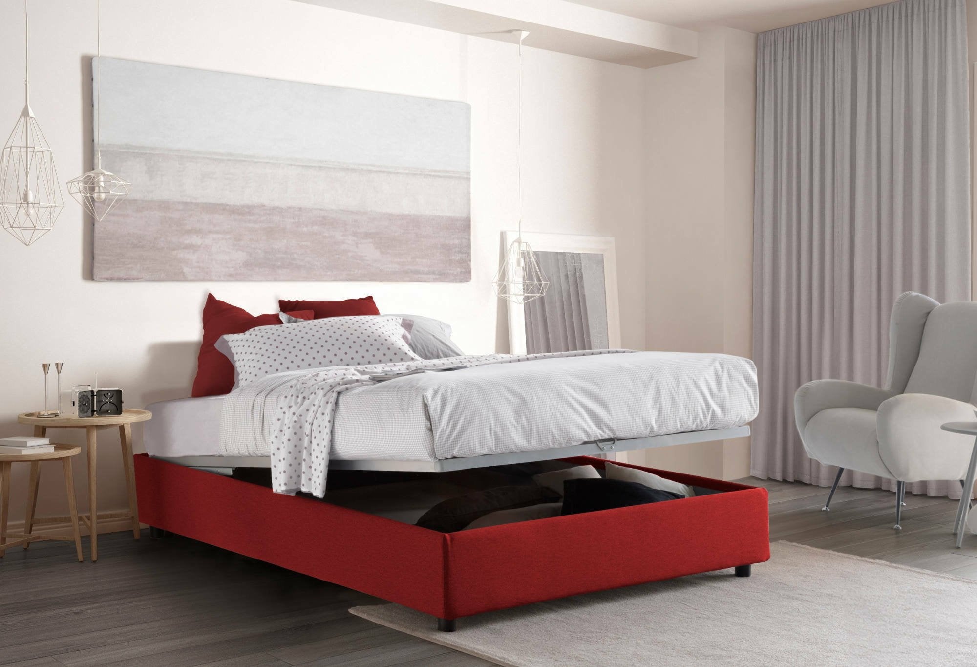 Letto matrimoniale Arto, Letto contenitore con rivestimento in tessuto, Made in Italy, Apertura frontale, con materasso cm 140x190 incluso, Rosso