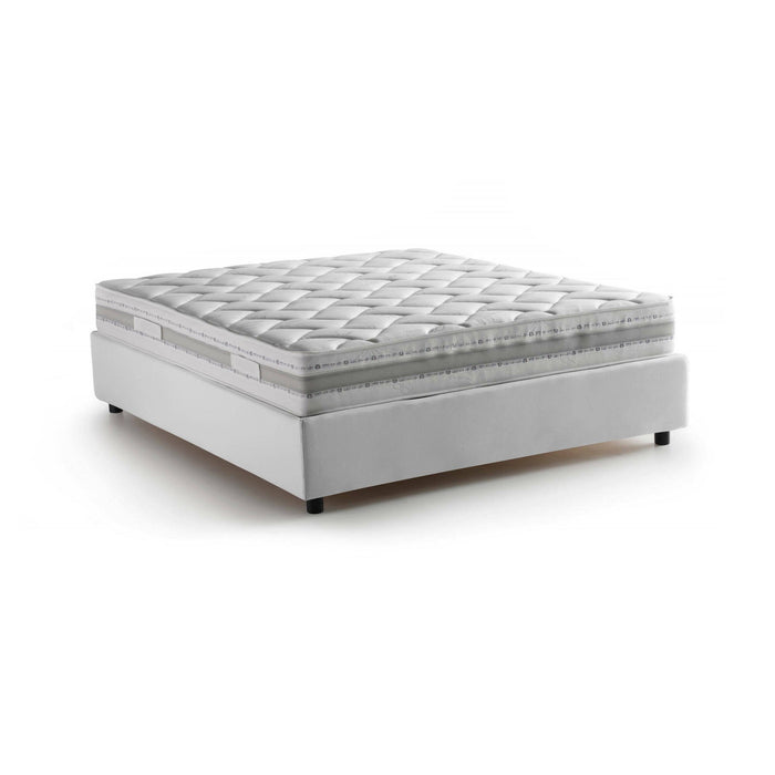 Letto matrimoniale Alaksir, Letto contenitore con rivestimento in tessuto, Made in Italy, Apertura frontale, con materasso cm 140x200 incluso, Bianco
