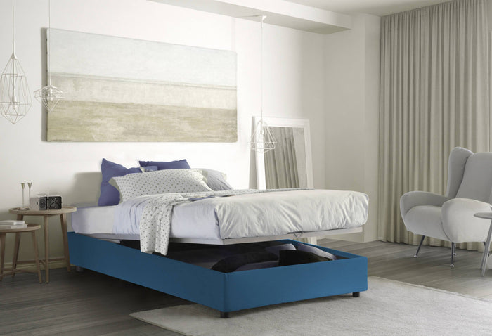 Letto matrimoniale Alaksir, Letto contenitore con rivestimento in tessuto, Made in Italy, Apertura frontale, con materasso cm 140x200 incluso, Blu