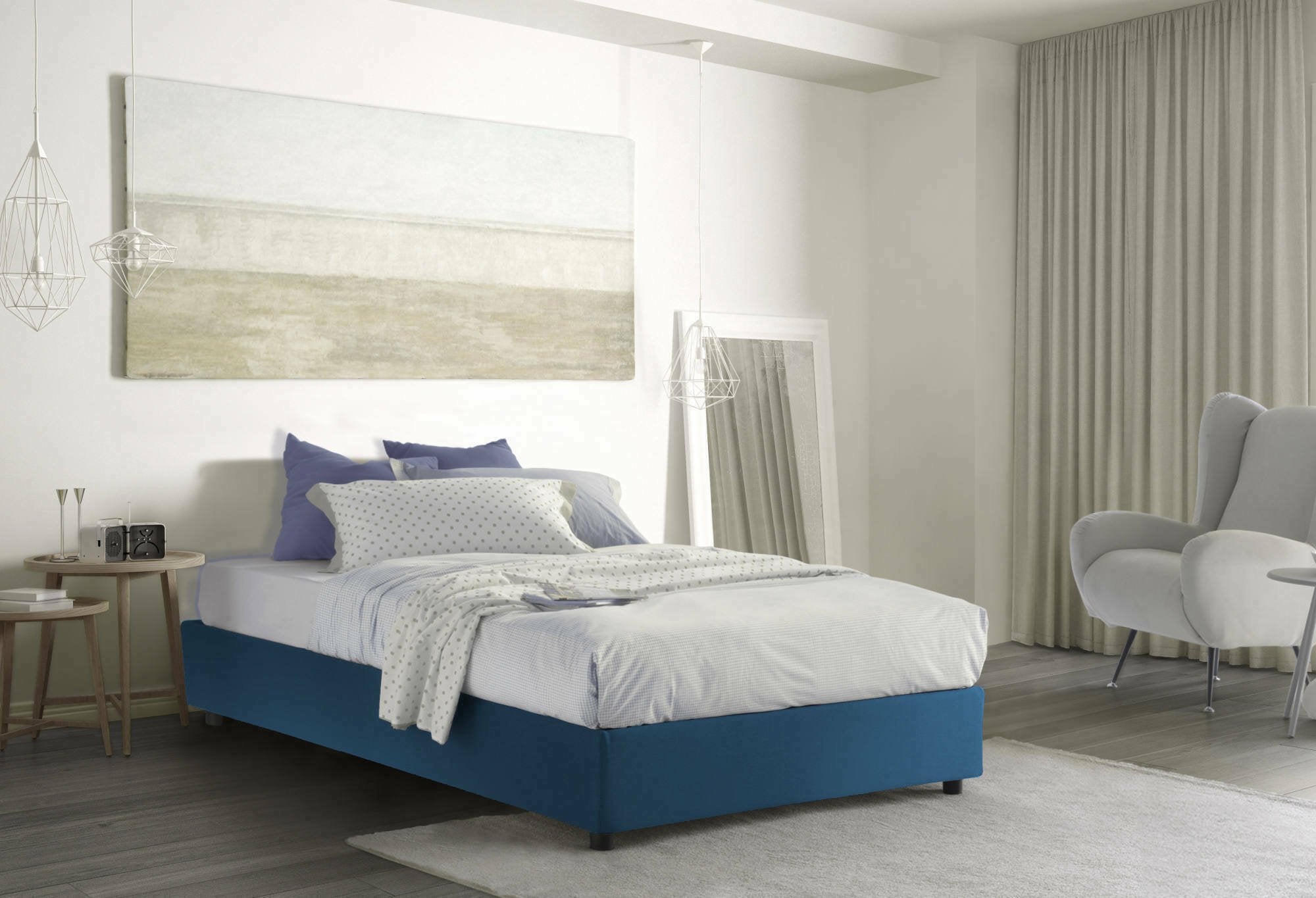 Letto matrimoniale Alaksir, Letto contenitore con rivestimento in tessuto, Made in Italy, Apertura frontale, con materasso cm 140x200 incluso, Blu