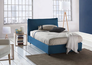 Letto piazza e mezza Abbygale, Letto contenitore con rivestimento in tessuto, Made in Italy, Apertura frontale, con materasso cm 120x200 incluso, Blu