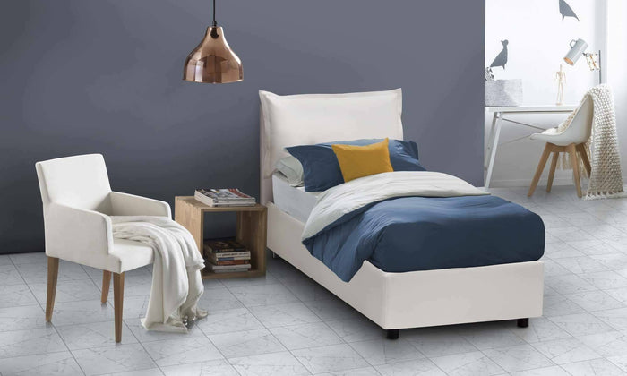 Letto singolo Perpetue, Letto contenitore con rivestimento in ecopelle, Made in Italy, Apertura frontale, adatto per materasso cm 80x200, Bianco