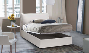 Letto piazza e mezza Andora, Letto contenitore con rivestimento in ecopelle, Made in Italy, Apertura frontale, adatto per materasso cm 120x200, Bianco
