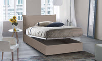 Letto piazza e mezza Aconito, Letto contenitore con rivestimento in ecopelle, Made in Italy, Apertura frontale, con materasso cm 120x200 incluso, Tortora