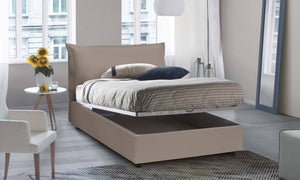 Letto piazza e mezza Aconito, Letto contenitore con rivestimento in ecopelle, Made in Italy, Apertura frontale, con materasso cm 120x200 incluso, Tortora