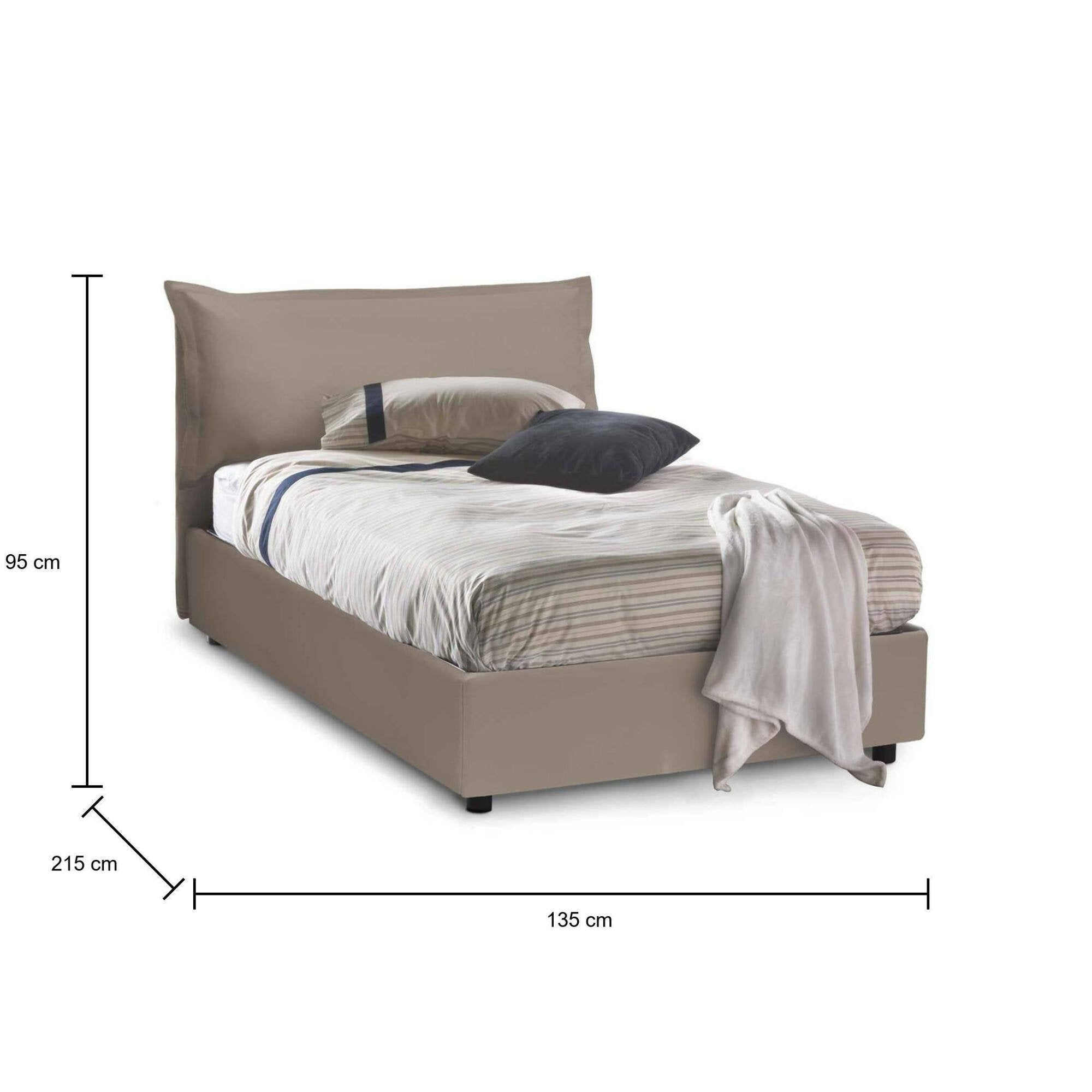 Letto piazza e mezza Aconito, Letto contenitore con rivestimento in ecopelle, Made in Italy, Apertura frontale, con materasso cm 120x200 incluso, Tortora