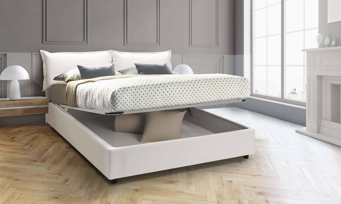 Letto matrimoniale Arzillo, Letto contenitore con rivestimento in ecopelle, Made in Italy, Apertura frontale, con materasso cm 140x190 incluso, Bianco