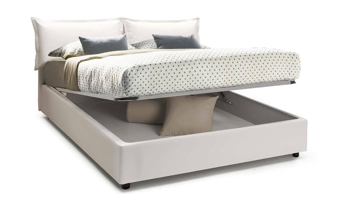 Letto matrimoniale Asler, Letto contenitore con rivestimento in ecopelle, Made in Italy, Apertura frontale, adatto per materasso cm 140x200, Bianco