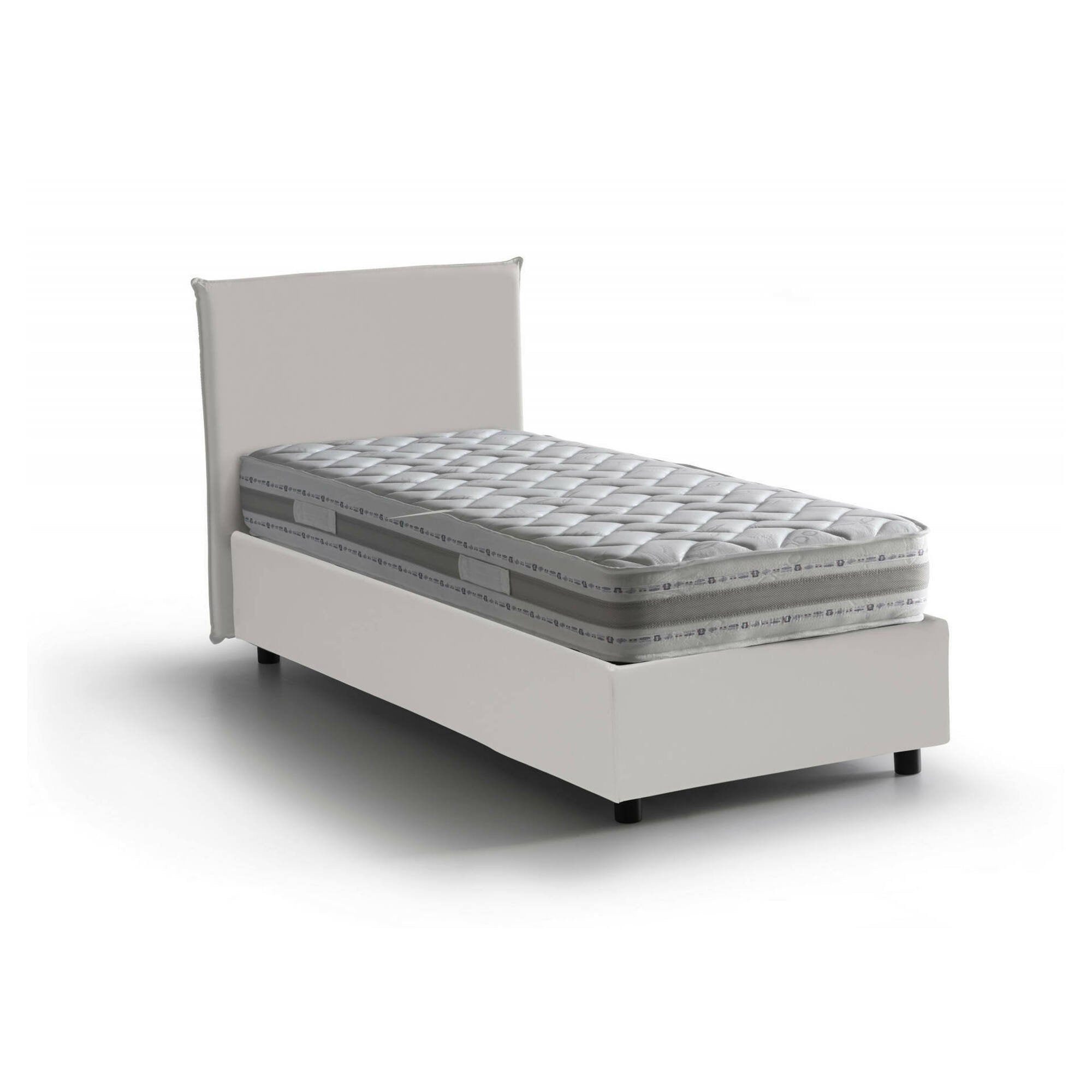 Letto singolo Domnitor, Letto contenitore con rivestimento in ecopelle, Made in Italy, Apertura frontale, con materasso cm 80x200 incluso, Bianco