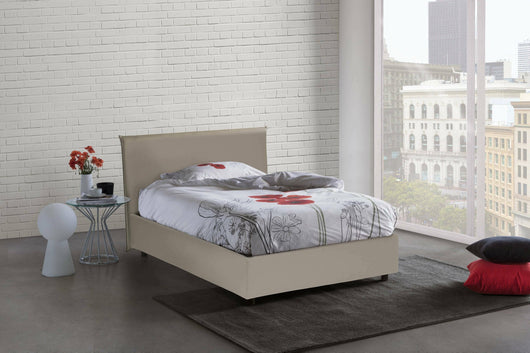 Letto piazza e mezza Re, Letto contenitore con rivestimento in ecopelle, Made in Italy, Apertura frontale, con materasso cm 120x200 incluso, Tortora