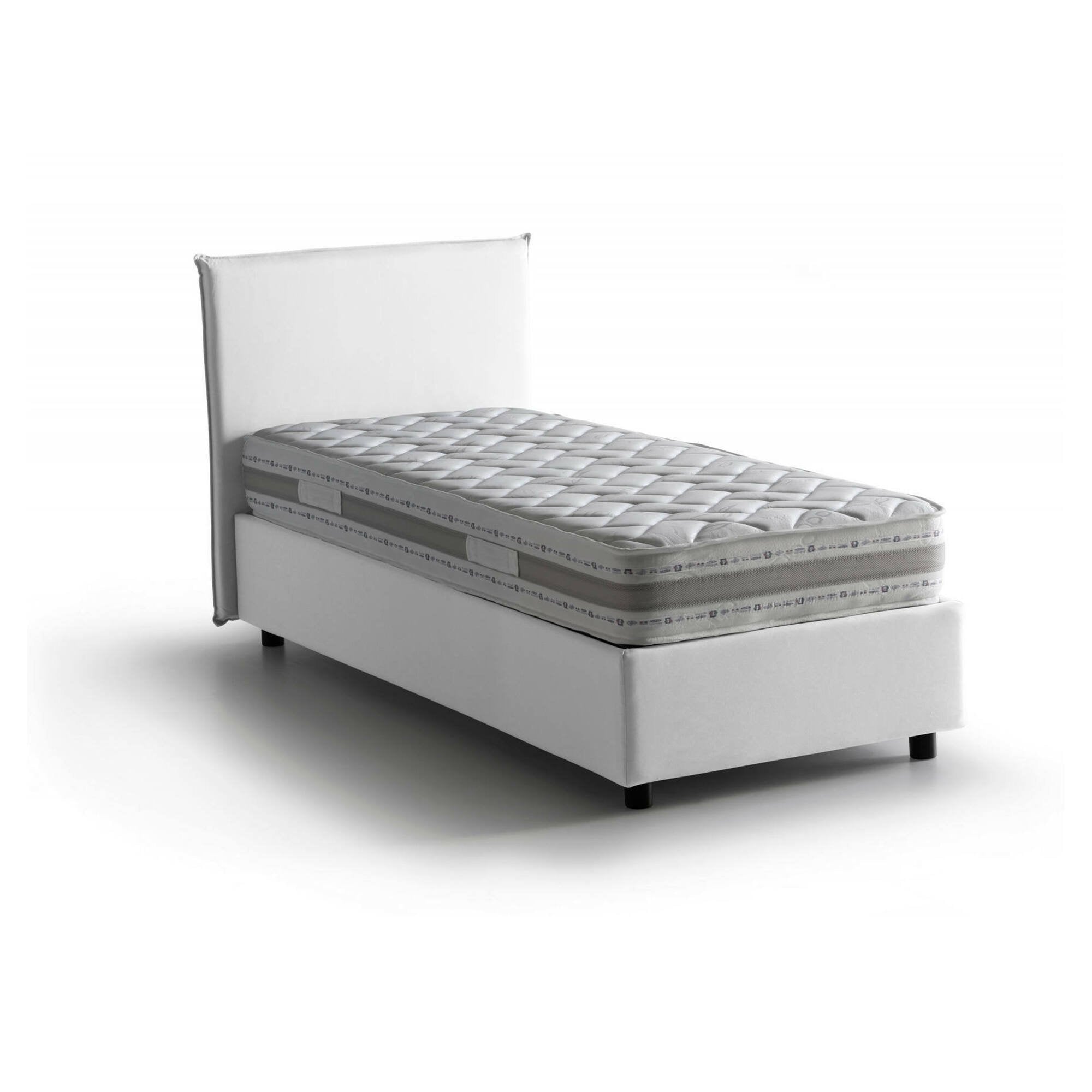 Letto singolo Boudicca, Letto contenitore con rivestimento in tessuto, Made in Italy, Apertura frontale, con materasso cm 80x200 incluso, Bianco
