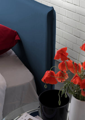 Letto singolo Boudicca, Letto contenitore con rivestimento in tessuto, Made in Italy, Apertura frontale, con materasso cm 80x200 incluso, Blu