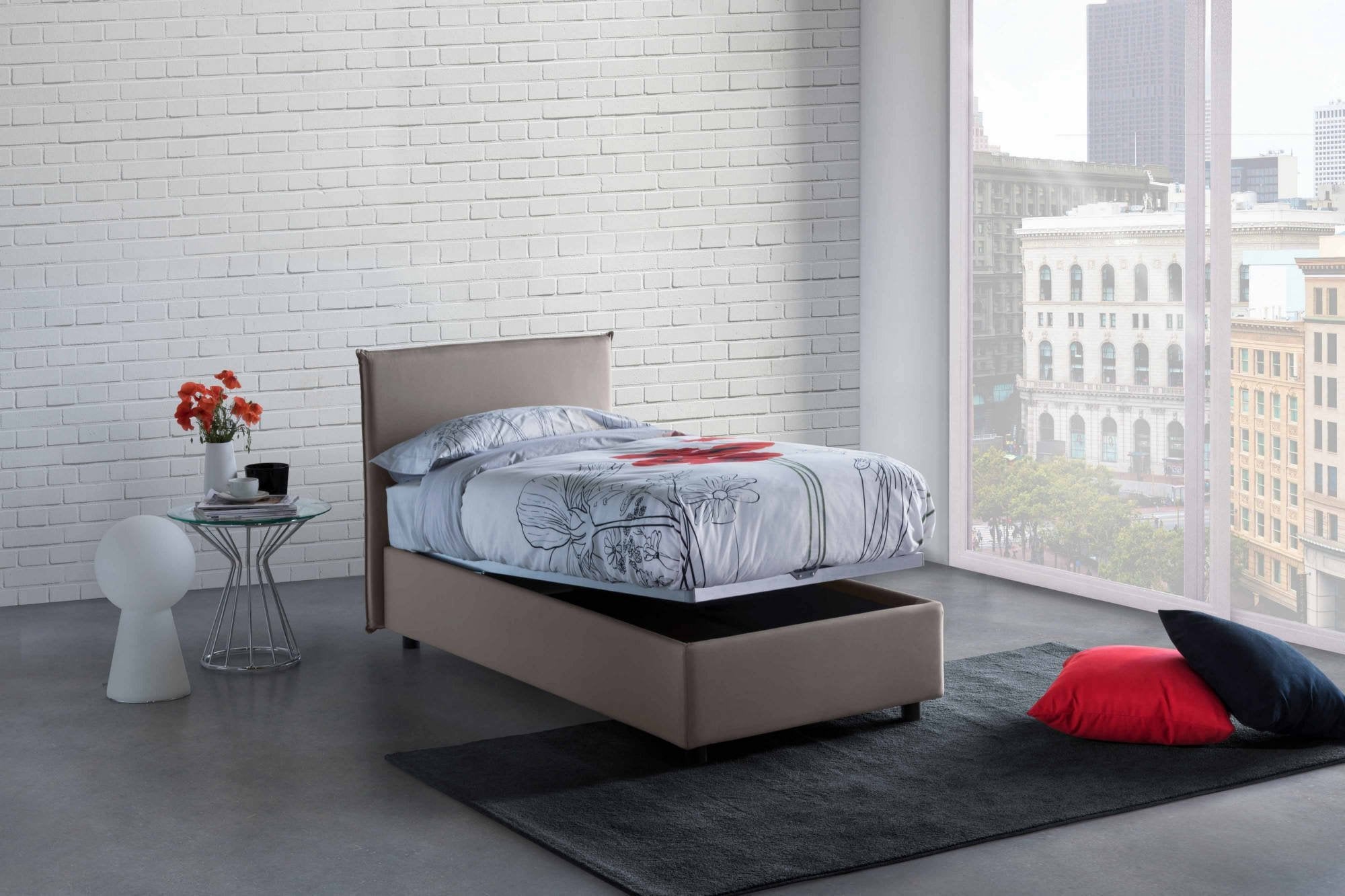 Letto singolo Boudicca, Letto contenitore con rivestimento in tessuto, Made in Italy, Apertura frontale, con materasso cm 80x200 incluso, Tortora