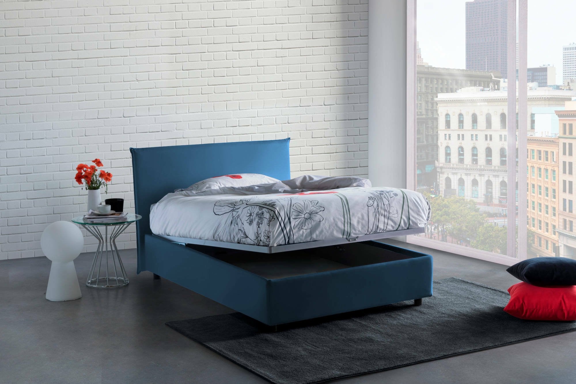 Letto piazza e mezza Alvino, Letto contenitore con rivestimento in tessuto, Made in Italy, Apertura frontale, con materasso cm 120x200 incluso, Blu