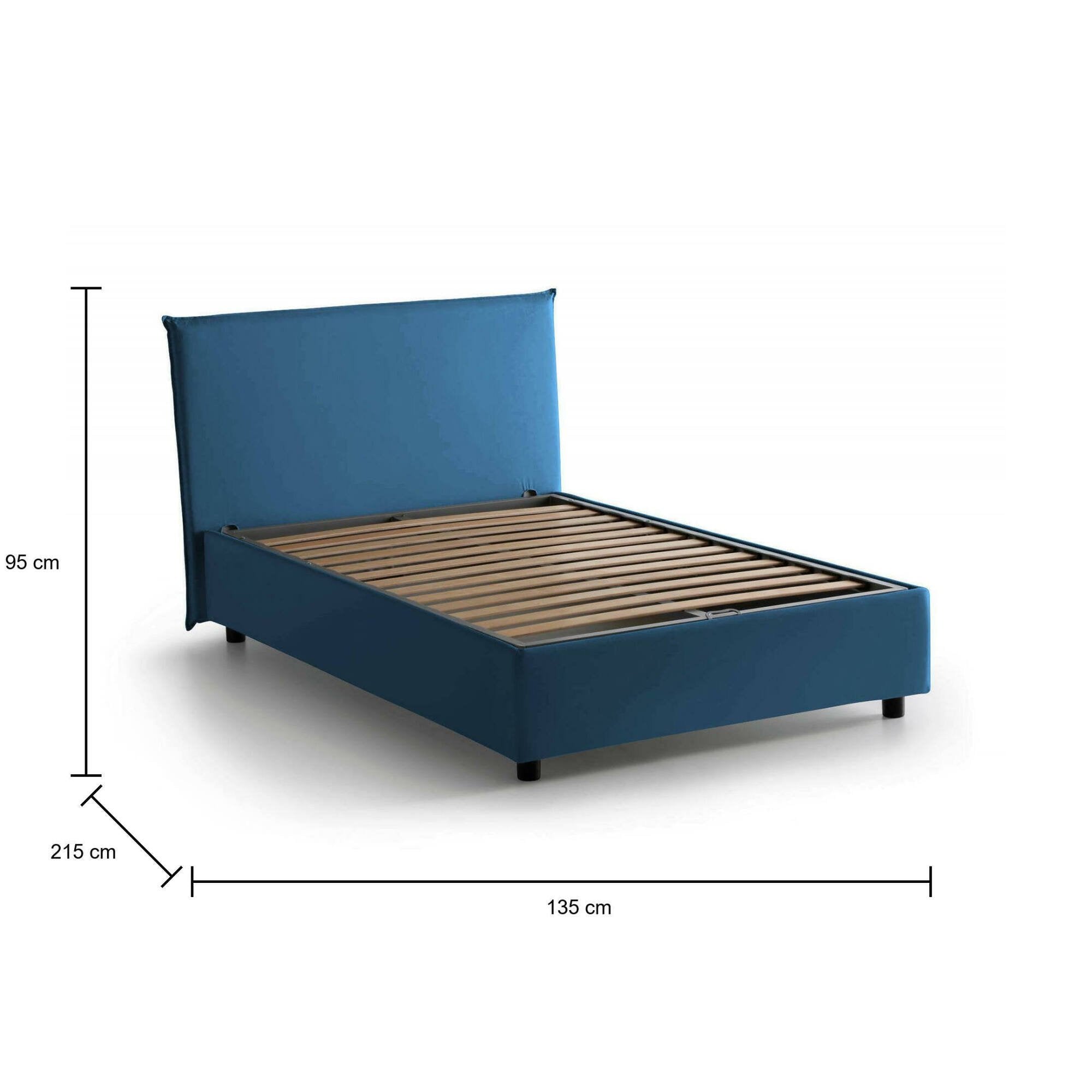Letto piazza e mezza Alvino, Letto contenitore con rivestimento in tessuto, Made in Italy, Apertura frontale, con materasso cm 120x200 incluso, Blu