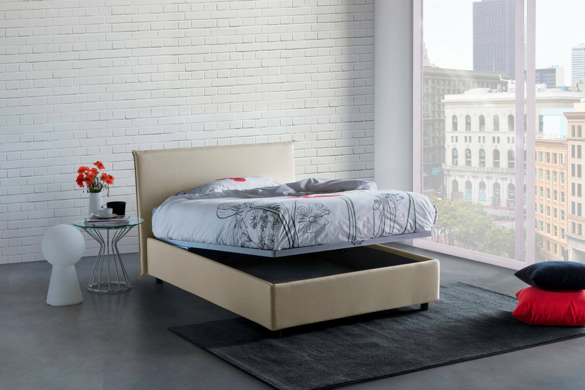 Letto piazza e mezza Alvino, Letto contenitore con rivestimento in tessuto, Made in Italy, Apertura frontale, con materasso cm 120x200 incluso, Beige