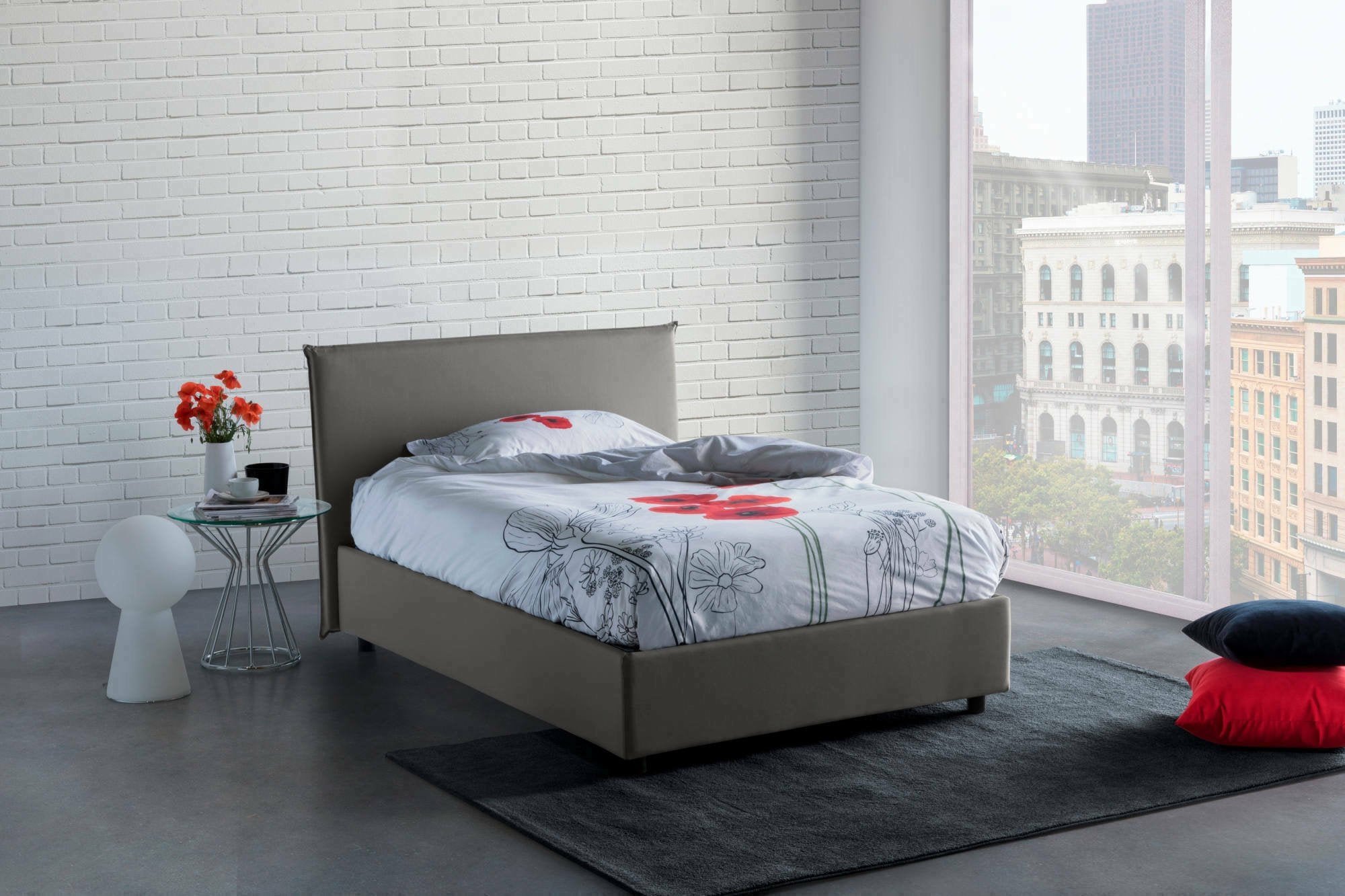 Letto piazza e mezza Alvino, Letto contenitore con rivestimento in tessuto, Made in Italy, Apertura frontale, con materasso cm 120x200 incluso, Grigio