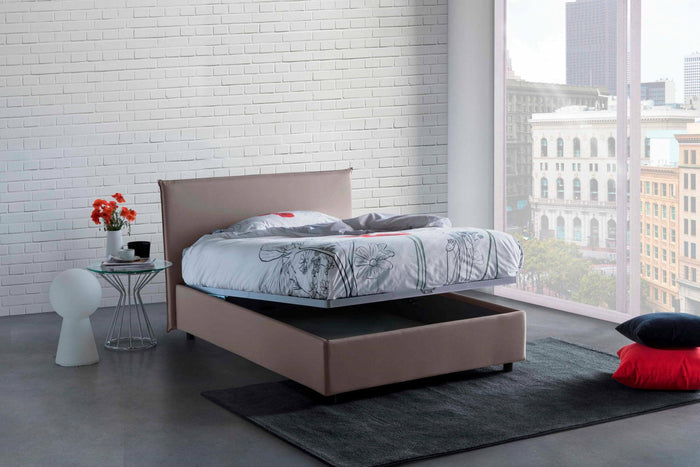 Letto piazza e mezza Alvino, Letto contenitore con rivestimento in tessuto, Made in Italy, Apertura frontale, con materasso cm 120x200 incluso, Tortora