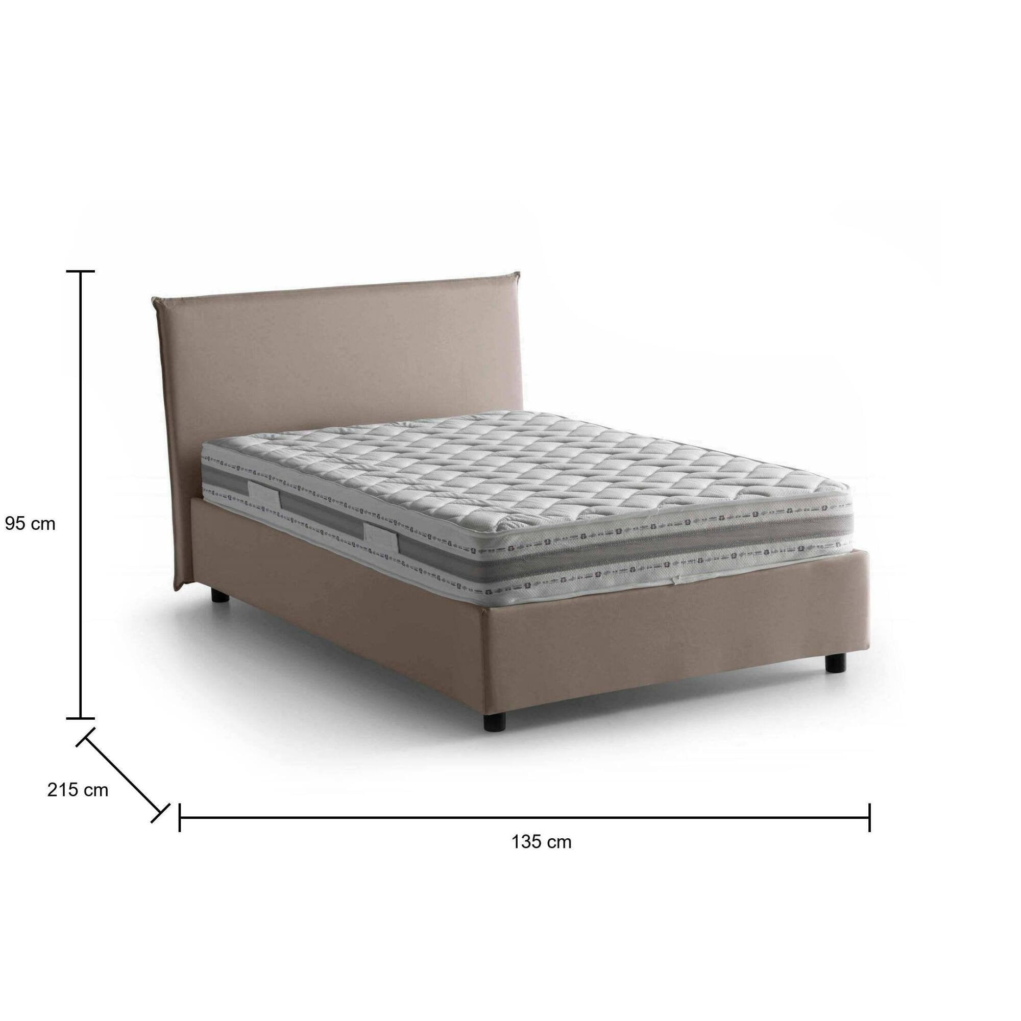 Letto piazza e mezza Alvino, Letto contenitore con rivestimento in tessuto, Made in Italy, Apertura frontale, con materasso cm 120x200 incluso, Tortora