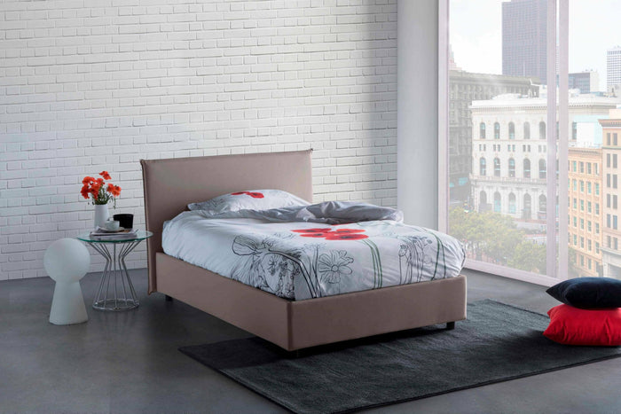 Letto piazza e mezza Alvino, Letto contenitore con rivestimento in tessuto, Made in Italy, Apertura frontale, con materasso cm 120x200 incluso, Tortora