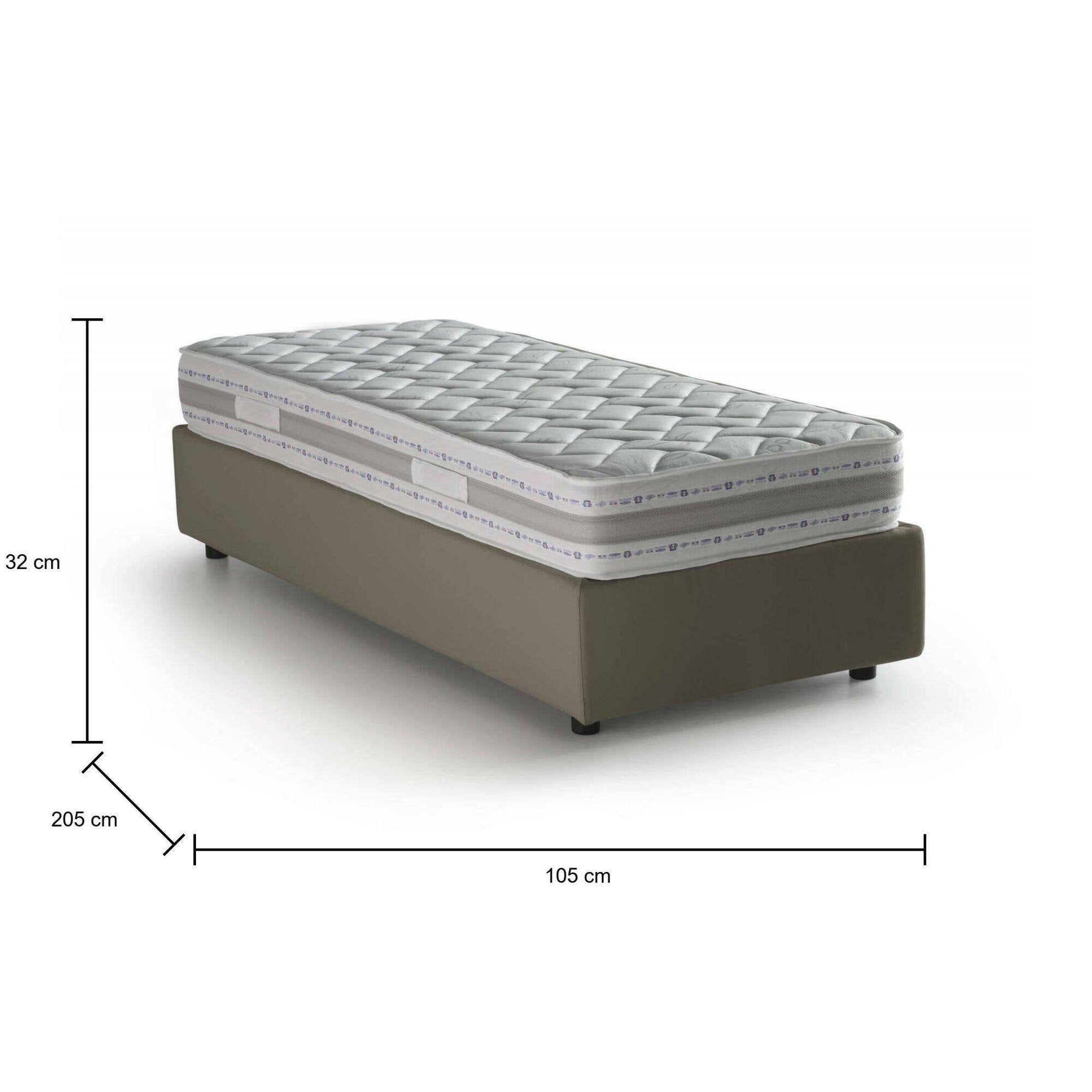 Letto singolo Nantine, Letto contenitore con rivestimento in ecopelle, Made in Italy, Apertura frontale, con materasso cm 90x190 incluso, Tortora