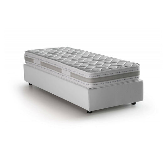 Letto singolo Addison, Letto contenitore con rivestimento in tessuto, Made in Italy, Apertura frontale, con materasso cm 90x190 incluso, Bianco
