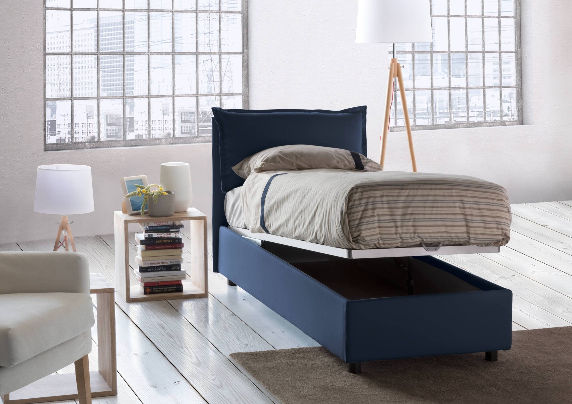 Letto singolo Animal, Letto contenitore con rivestimento in tessuto, Made in Italy, Apertura frontale, con materasso cm 90x190 incluso, Blu