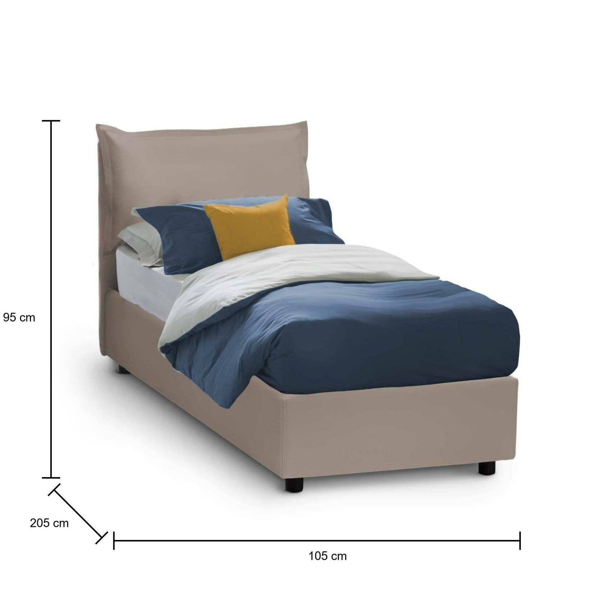 Letto singolo Amandola, Letto contenitore con rivestimento in ecopelle, Made in Italy, Apertura frontale, con materasso cm 90x190 incluso, Tortora