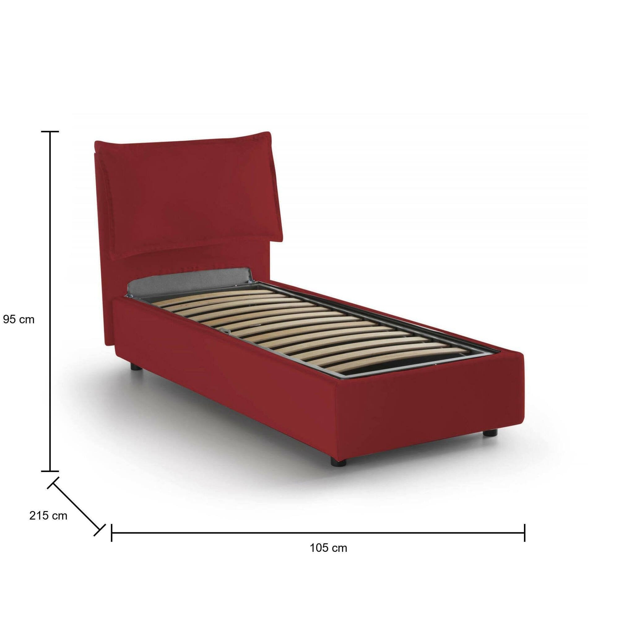 Letto singolo Abroghat, Letto contenitore con rivestimento in tessuto, Made in Italy, Apertura frontale, adatto per materasso cm 90x200, Rosso
