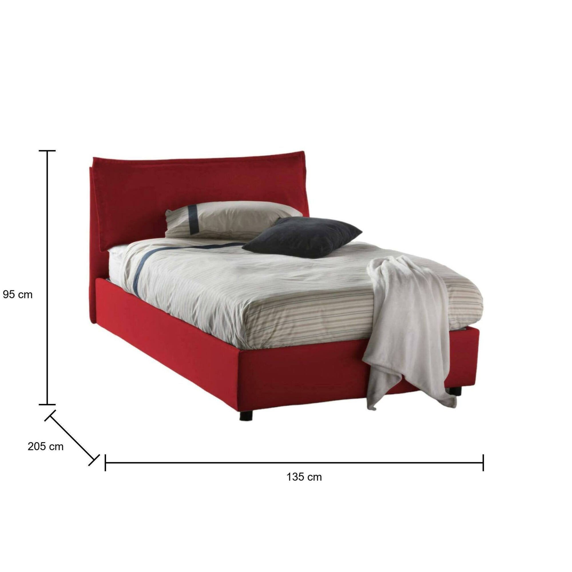 Letto piazza e mezza Attinia, Letto contenitore con rivestimento in tessuto, Made in Italy, Apertura frontale, con materasso cm 120x190 incluso, Rosso