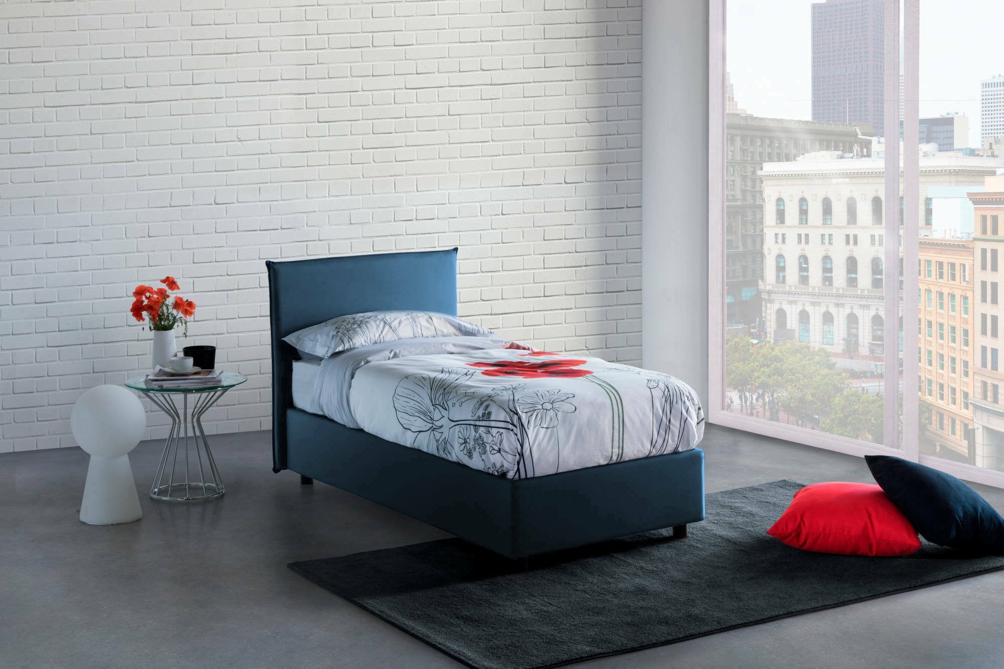 Letto singolo Arminius, Letto contenitore con rivestimento in tessuto, Made in Italy, Apertura frontale, con materasso cm 90x190 incluso, Blu