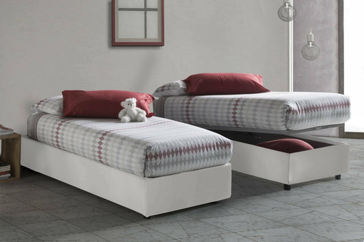 Letto singolo Richilde, Letto contenitore con rivestimento in ecopelle, Made in Italy, Apertura frontale, con materasso cm 90x200 incluso, Bianco