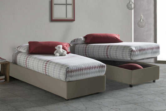 Letto singolo Ayla, Letto contenitore con rivestimento in ecopelle, Made in Italy, Apertura frontale, adatto per materasso cm 90x200, Tortora