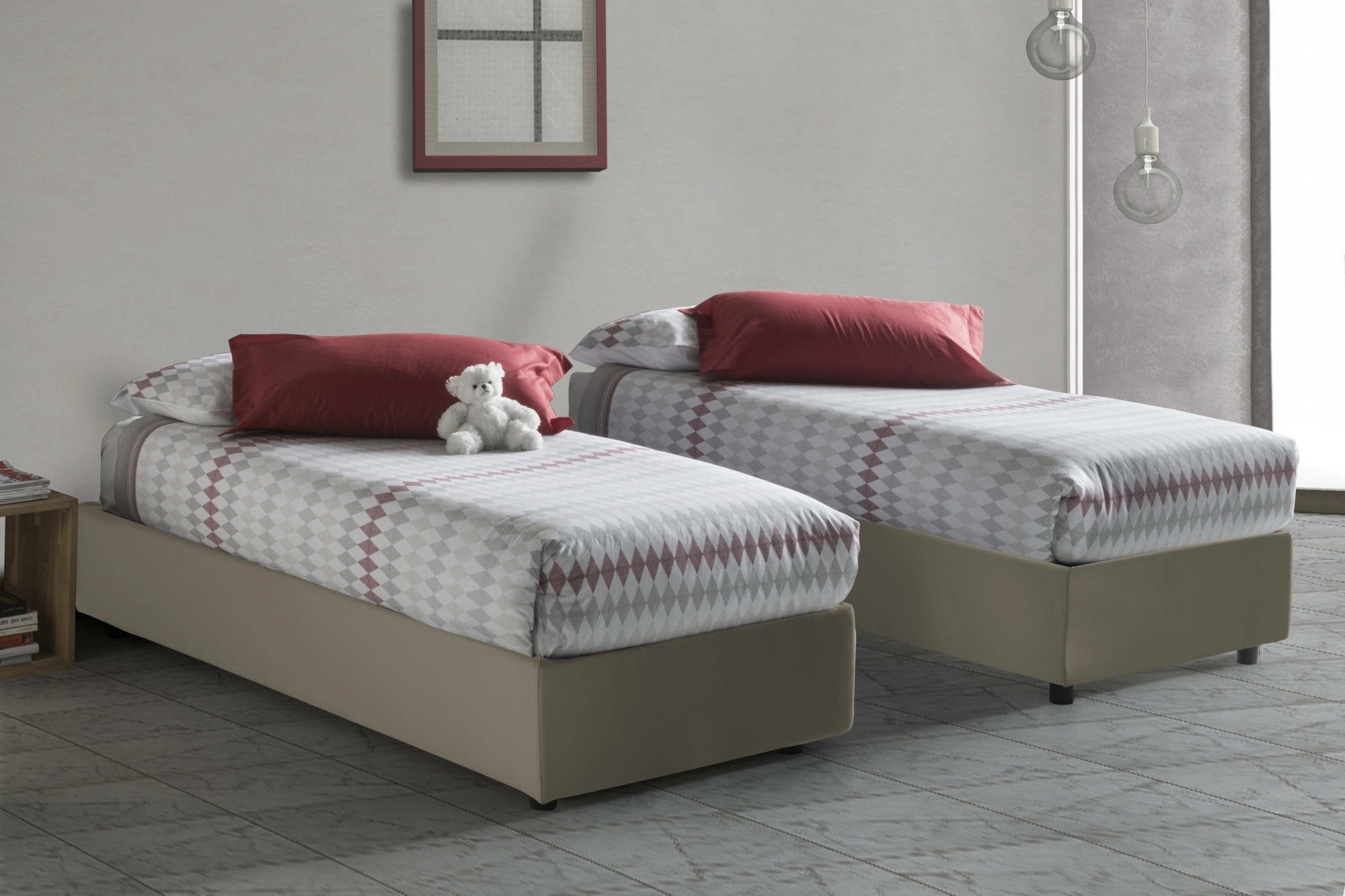 Letto singolo Richilde, Letto contenitore con rivestimento in ecopelle, Made in Italy, Apertura frontale, con materasso cm 90x200 incluso, Tortora