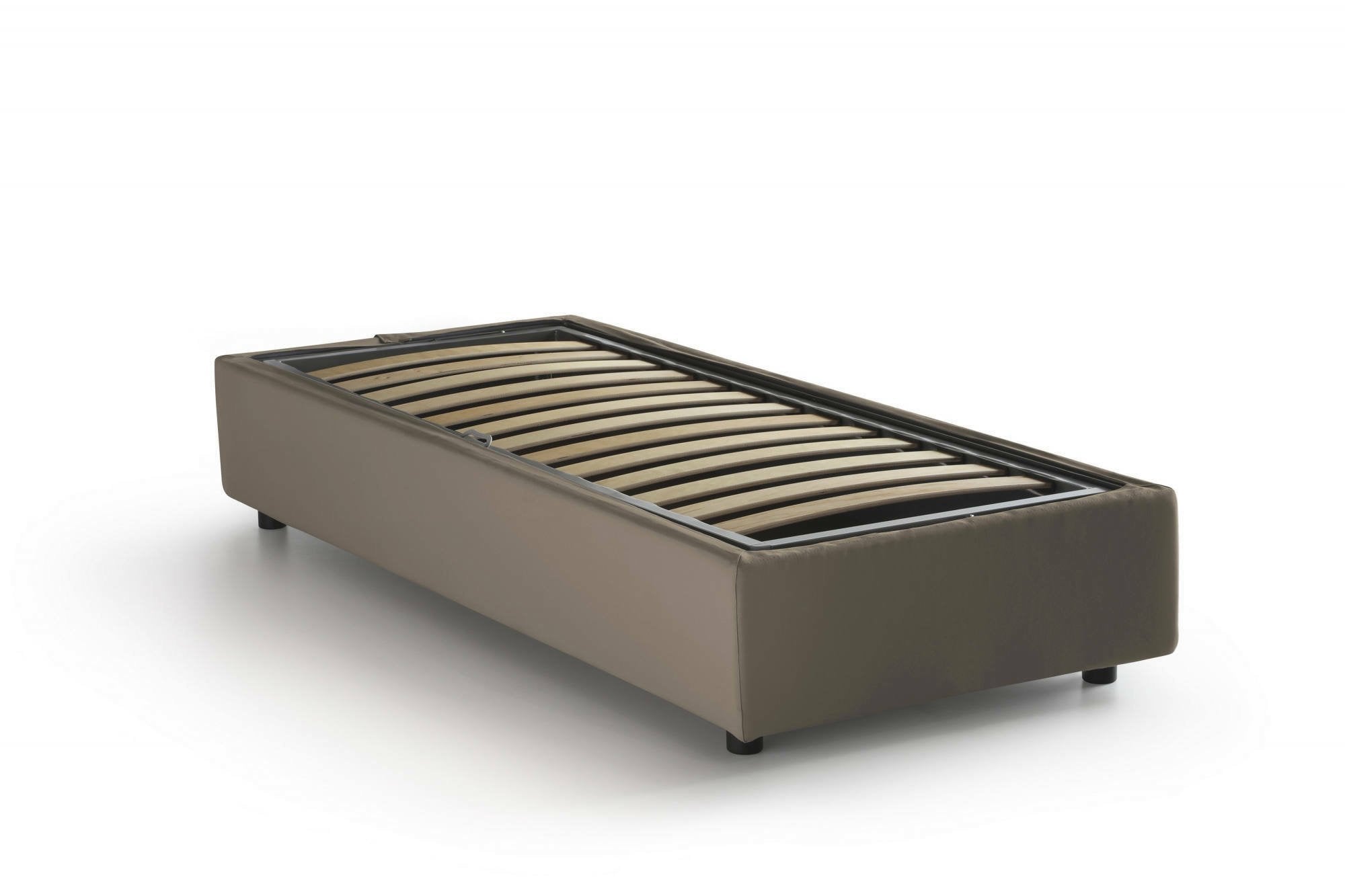 Letto singolo Richilde, Letto contenitore con rivestimento in ecopelle, Made in Italy, Apertura frontale, con materasso cm 90x200 incluso, Tortora