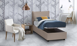 Letto singolo Anitza, Letto contenitore con rivestimento in ecopelle, Made in Italy, Apertura frontale, adatto per materasso cm 90x200, Tortora