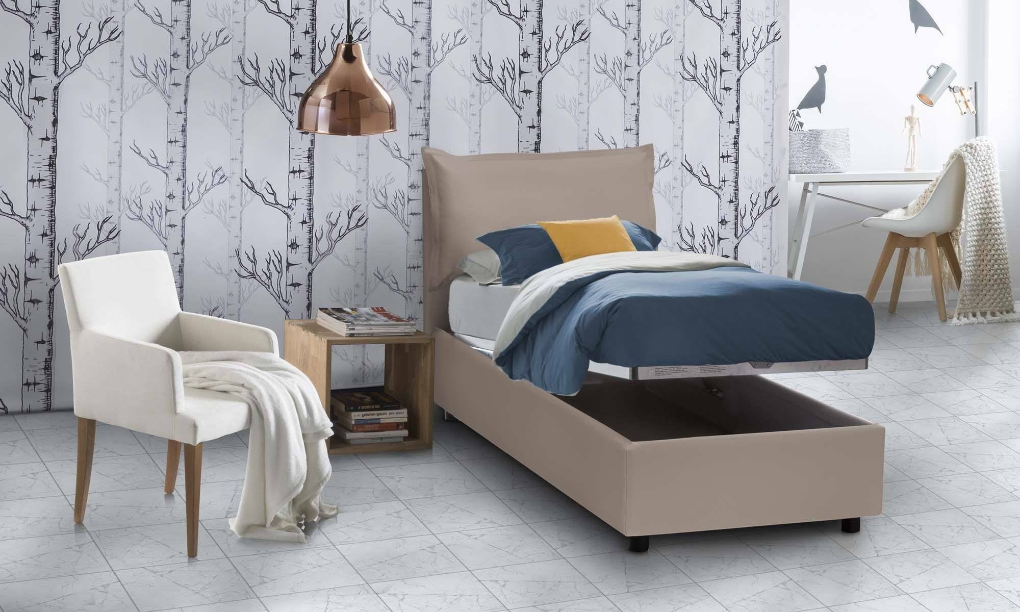 Letto singolo Assoreta, Letto contenitore con rivestimento in ecopelle, Made in Italy, Apertura frontale, con materasso cm 90x200 incluso, Tortora