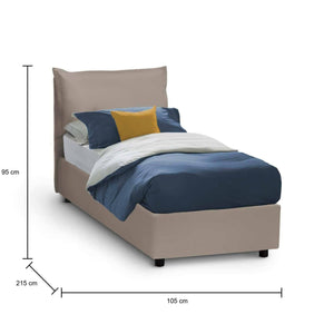 Letto singolo Assoreta, Letto contenitore con rivestimento in ecopelle, Made in Italy, Apertura frontale, con materasso cm 90x200 incluso, Tortora